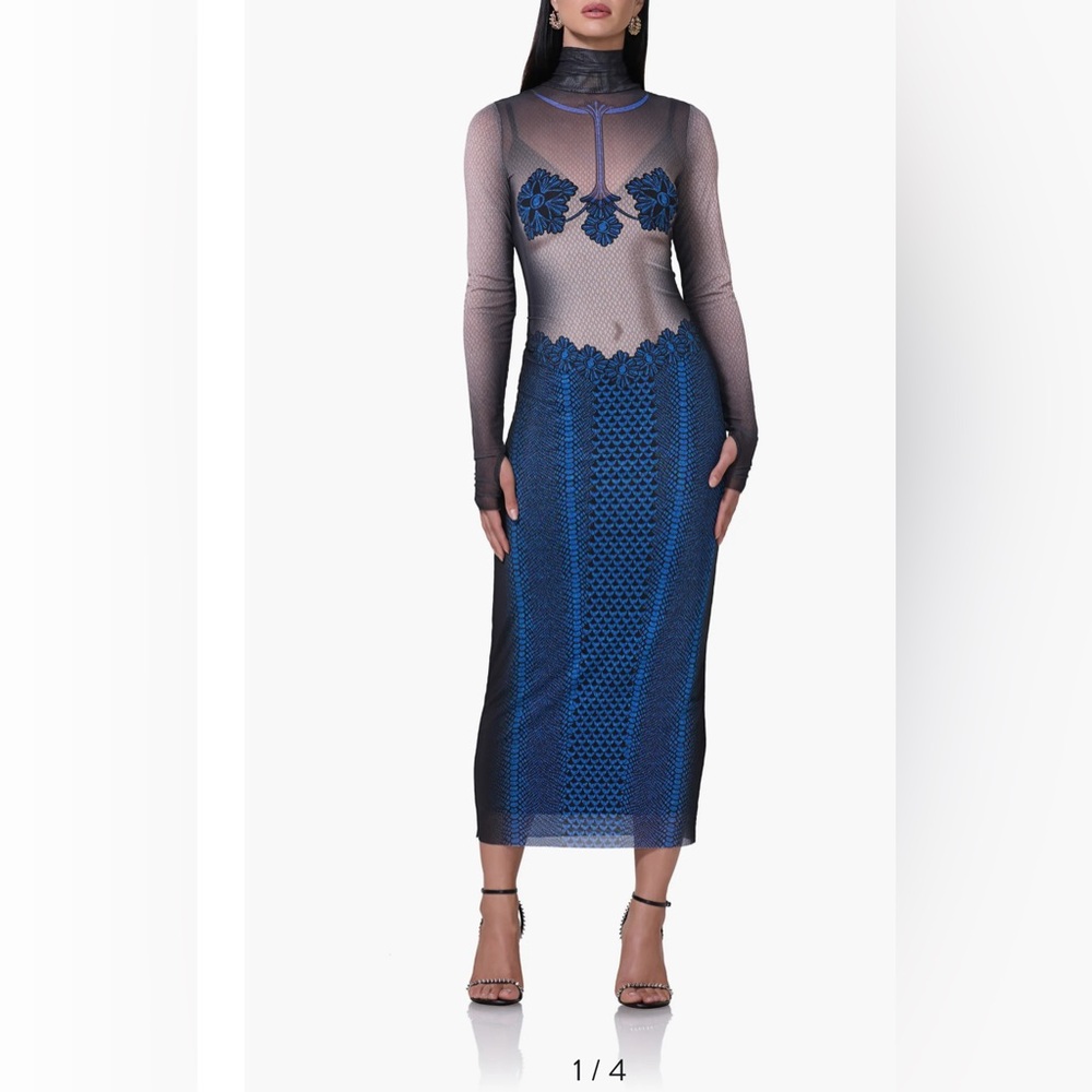 AFRM mesh dress with curve-hugging silhouette, & bold graphic print, worn once.